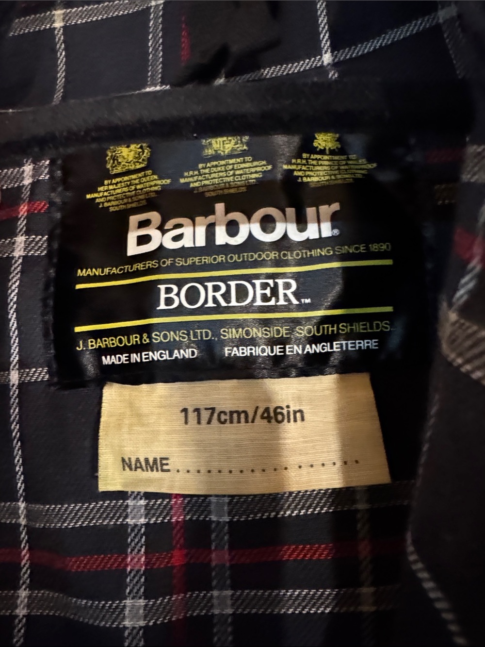 Barbour Border Wax Jacket in Navy with Corduroy Collar and Plaid Lining - Picture 2 of 16